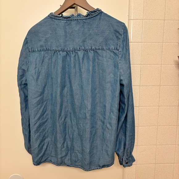 beachlunchlounge Blue Button Down Denim Lyocell L Ruffle Collare Cottagecore - Picture 2 of 6